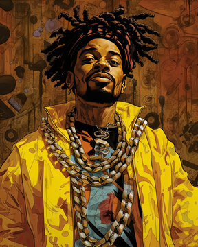 Generative AI illustration of excessive African American gangsta game character with over the top bling and jewellery