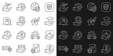 Set line Money with shield, Life insurance, Education grant, Shield world globe, Lifebuoy hand, Umbrella, Plane and House lightning icon. Vector
