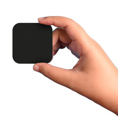Hand showing black paper card cardboard on white isolated background. Business people and object concept.