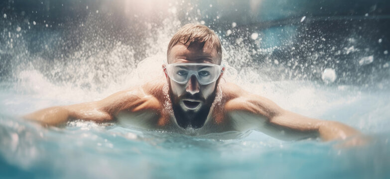 Triathlon fitness athlete training swimming in wave pool at gym health centre. Generative AI