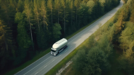 Hydrogen Truck En Route on a Forest Road. Generative AI