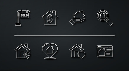 Set line Hanging sign with Sold, Location house, Search, House heart shape, dollar symbol, Online real estate and Realtor icon. Vector