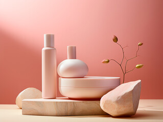 Mockup productos cosméticos - Colo rosa, elegante, moderno - 3d fondo con mockup, botellas de cosmetico, maquillaje