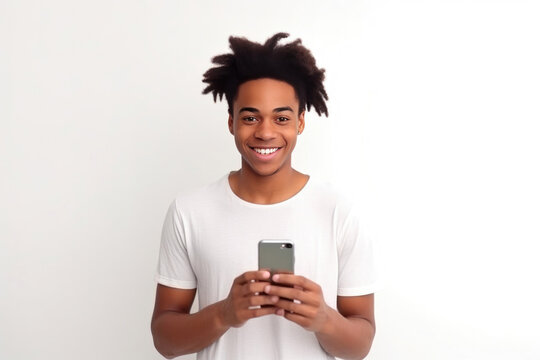 Energetic African American Holding Smartphone. Generative AI