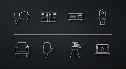 Set line Megaphone, Cinema chair, USB flash drive, Tripod, Retro cinema camera, Stacks paper money cash, Online play video and Movie, film, media projector icon. Vector
