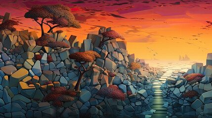 Rocky landscape sunset illustration