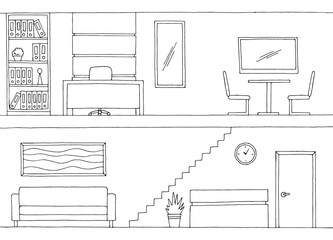 Two storey office graphic black white interior sketch illustration vector