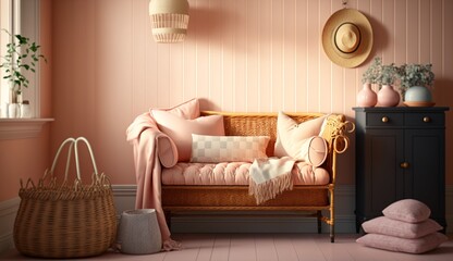 Living room with pink wall Ai generative