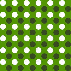 Trendy fabric seamless pattern with white and dark olive-green large polka dots on a green background
