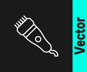 White line Electrical hair clipper or shaver icon isolated on black background. Barbershop symbol. Vector