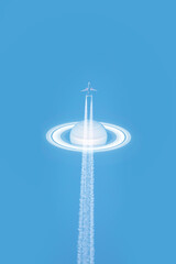 Saturn Convergence That Happens Every 20 Years, full moon in the foreground -  Trail of white smoke from the airplane on the blue sky "Elements of this image furnished by NASA" © muratart
