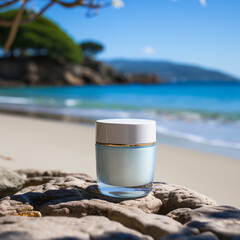 cream jar on the rock, cosmetic product on beach background.