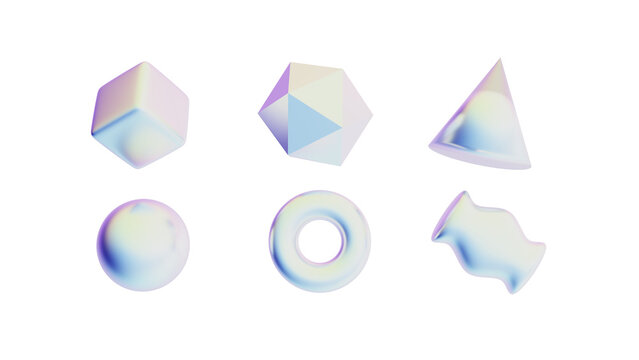 3D geometric and abstract iridescent holographic metallic soft gradient shapes icon set with transparent background .png