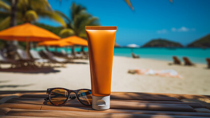 sunscreen lotion bottle on table, cosmetic product on beach background.