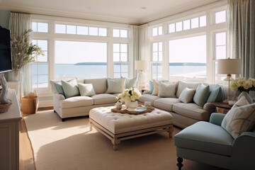 Beachfront Living Room With Nautical Decor And Ocean Views Coastal Interior Design. Generative AI