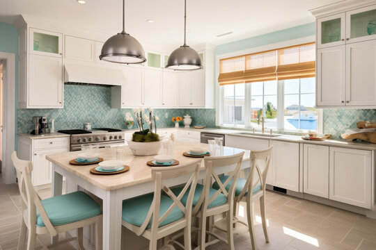 Coastalinspired Kitchen With White Cabinets And Beachy Tile Backsplash Coastal Interior Design. Generative AI