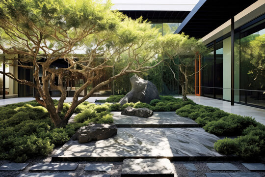 Contemporary Courtyard With Sculptural Hedges And Sleek Stone Accents. Generative AI