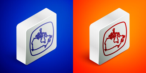 Isometric line Canada map icon isolated on blue and orange background. Silver square button. Vector