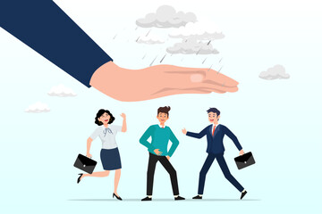 Giant businessman hand cover team member from rainstorm, employee care benefit, worker insurance or protection, boss or manager to protect team and colleagues, leader or boss to help employee (Vector)