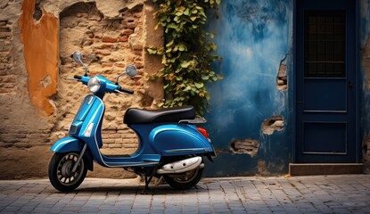 Fototapeta na wymiar blue scooter parked in front of a brick wall