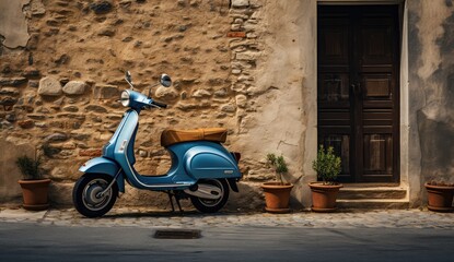 Fototapeta na wymiar blue scooter parked in front of a brick wall