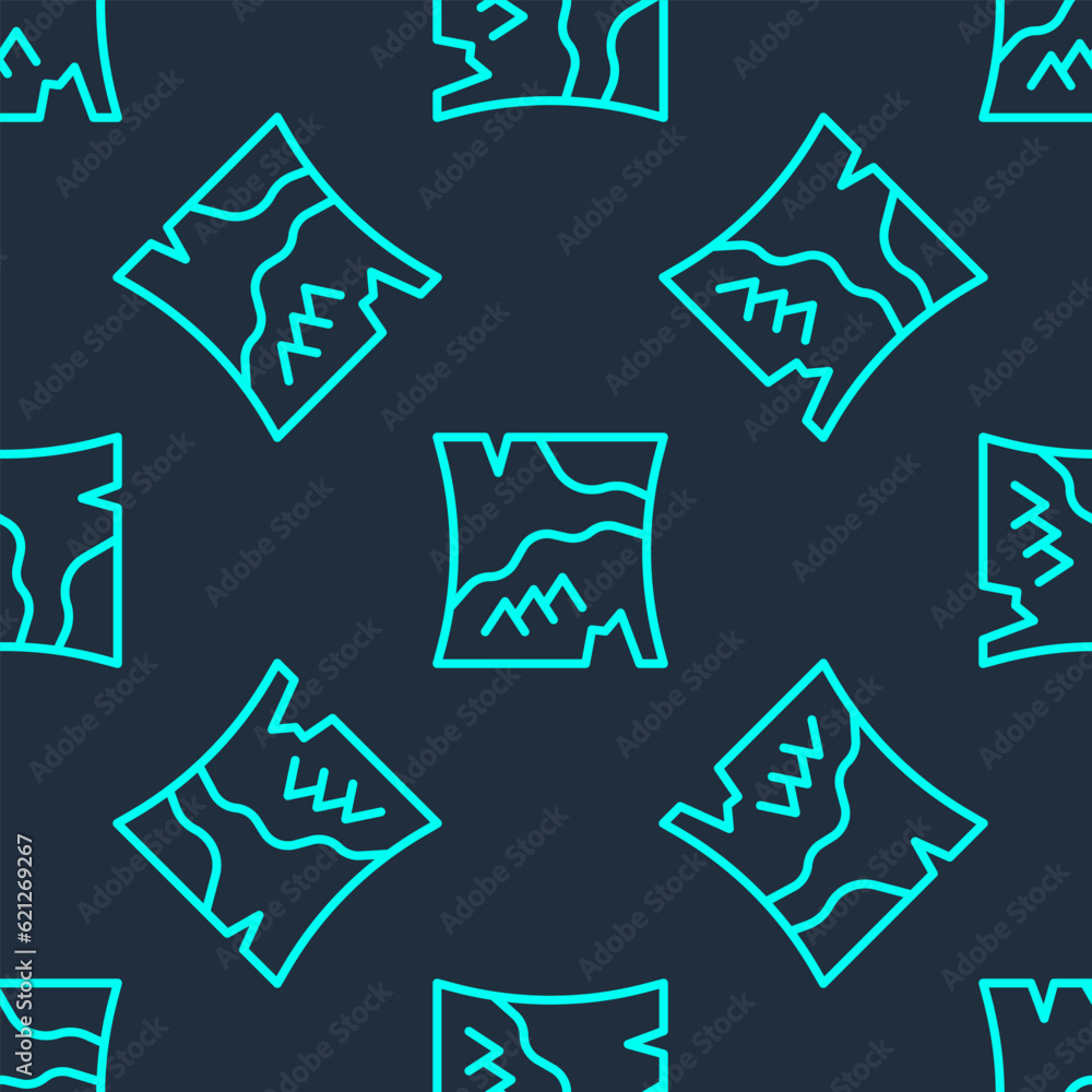 Poster green line folded map icon isolated seamless pattern on blue background. vector