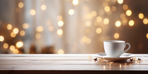 Obraz na płótnie Canvas Cozy autumn winter banner template, steaming coffee tea cup, blurred background