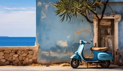 Fotobehang Scooter blue scooter parked a wall summer background 