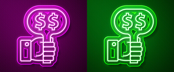 Glowing neon line Hand holding auction paddle icon isolated on purple and green background. Bidding concept. Auction competition. Hands rising signs with BID inscriptions. Vector