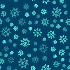 Green line Sun icon isolated seamless pattern on blue background. Vector