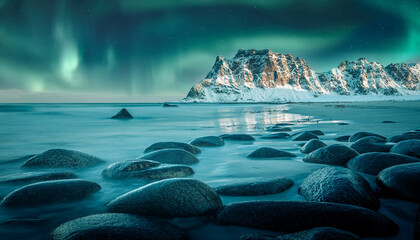 Rocky beach in winter with northern lights. Magical night landscape. Sea coast with stones, blurred water, snowy rocky mountains, aurora borealis  at dusk. Uttakleiv beach in Lofoten islands, Norway - obrazy, fototapety, plakaty