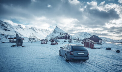 Wonderful Nature landscape of Lofoten islands in winter time. camping area. Travel, adventure and...