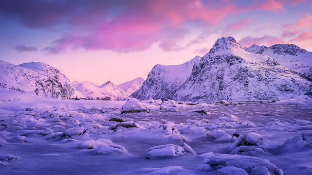 Wonderful nature image of north fjords with mountains landscape. scenic photo of winter mountains and vivid colorful sky. Picturesque Scenery of lofotens islands during sunset. Norway