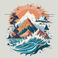 Vintage Mountain classic art design colors t-shirt in vector illustration. Majestic Pinnacles: Vintage Mountain Glory.