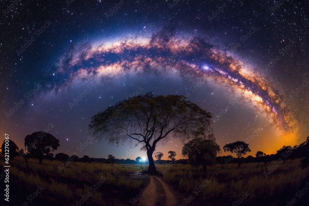 Poster solitary tree in a vast field with the Milky Way galaxy in the background. Generative AI