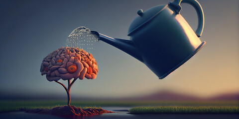 Symbolic image of the human brain poured with water from a watering can. Generative AI