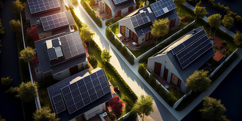 Solar panels on the roofs of all houses in the cottage town or village. Generative AI