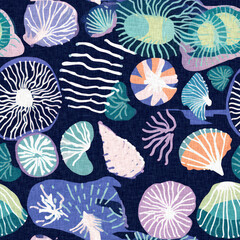  Seamless trendy underwater shell clam repeat background. Tropical modern seashell coastal pattern clash fabric coral reef print for summer beach textile designs with a linen cotton effect.