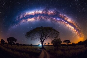 solitary tree in a vast field with the Milky Way galaxy in the background. Generative AI