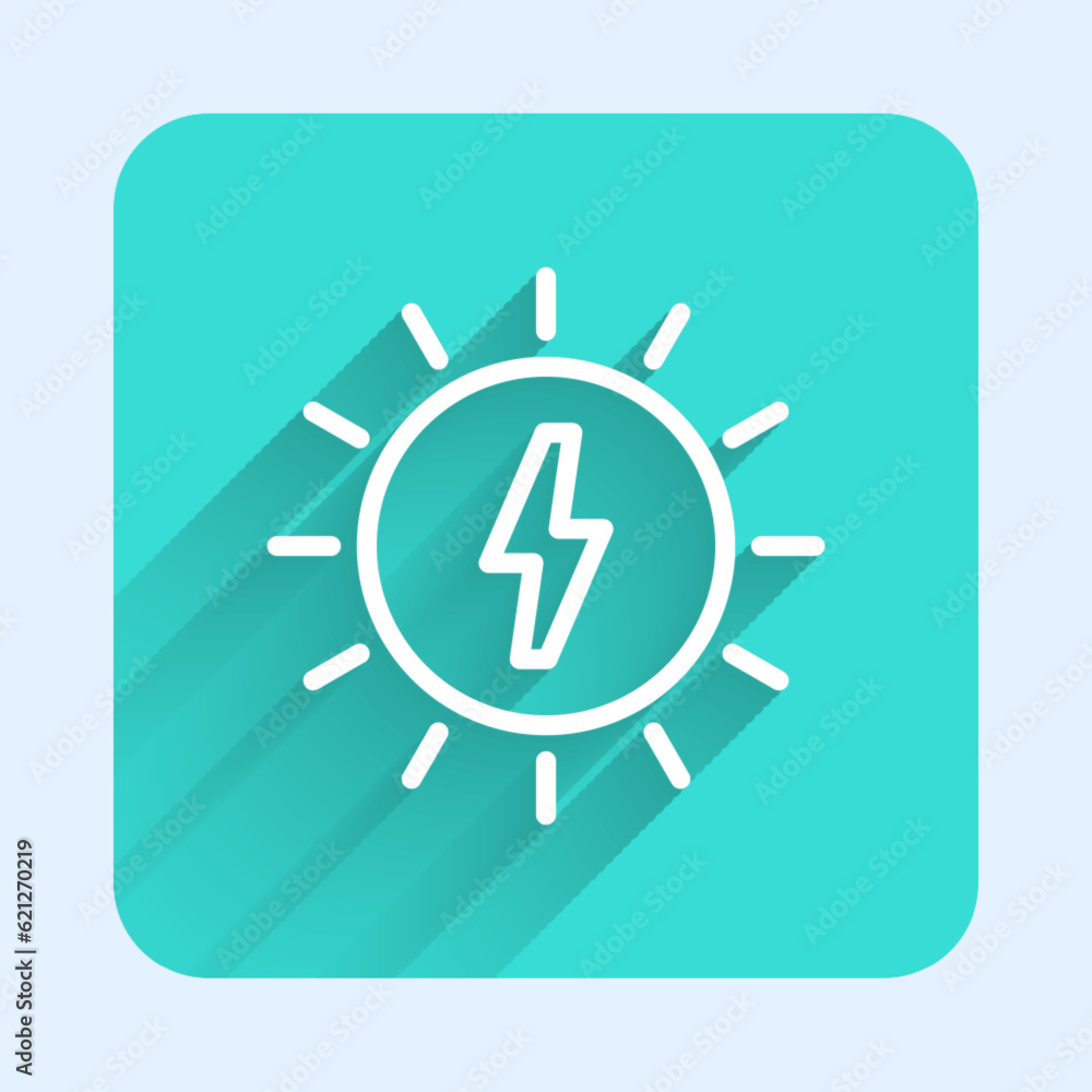 Poster white line solar energy panel icon isolated with long shadow background. sun with lightning symbol. 
