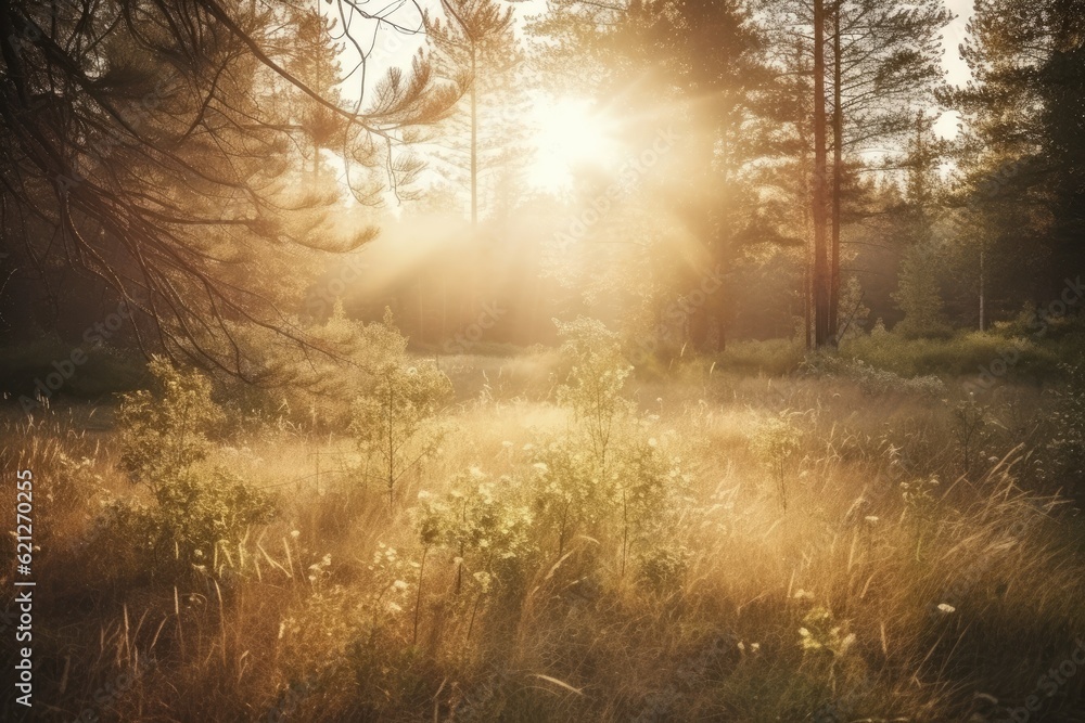 Poster sunlight filtering through trees in a forest. generative ai