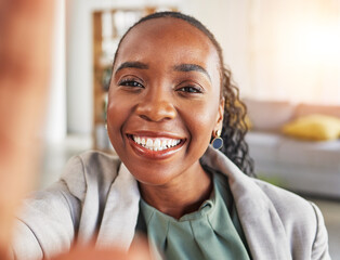 Black woman, selfie and profile picture with a smile, happy self portrait or memory in corporate...