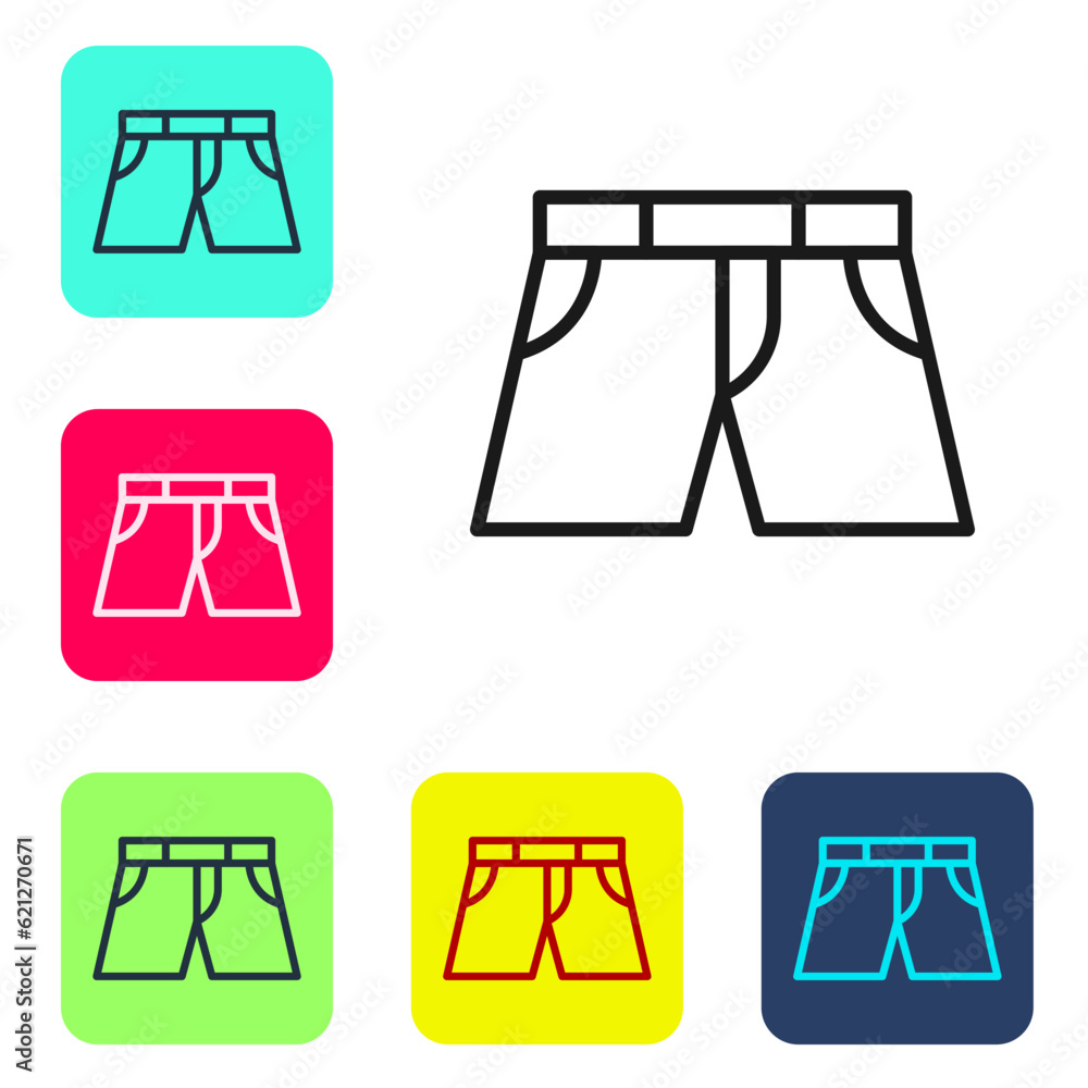 Poster Black line Short or pants icon isolated on white background. Set icons in color square buttons. Vector
