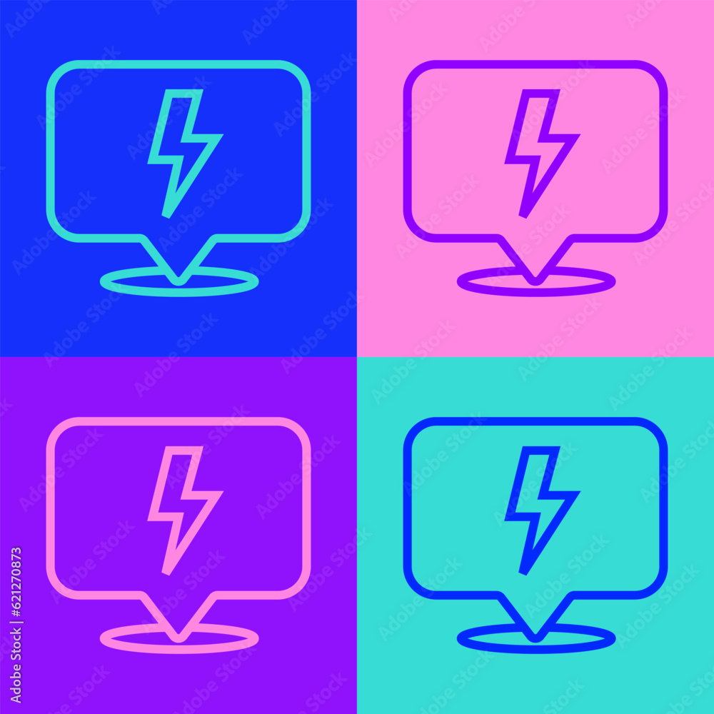 Poster pop art line lightning bolt icon isolated on color background. flash sign. charge flash icon. thunde