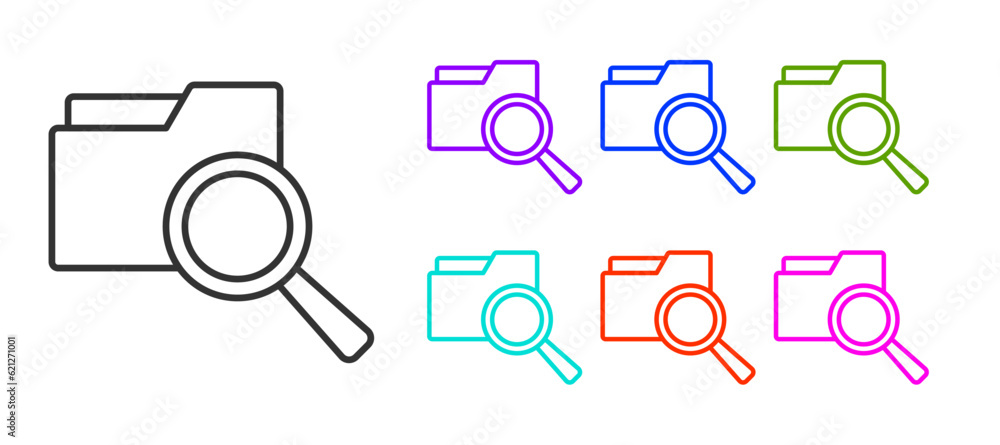 Poster black line search concept with folder icon isolated on white background. magnifying glass and docume