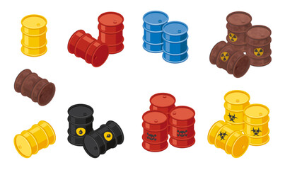 Isometric barrels with toxic waste, vector icons