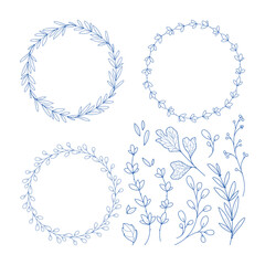 Set of minimalist herbal wreaths and branches and leaves. Vector hand drawn line art graphics for logo, monogram design creation and spring or summer related