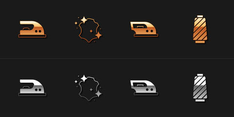 Set Electric iron, Leather, and Sewing thread spool icon. Vector