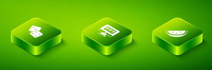 Set Isometric Online slot machine with jackpot, Casino watermelon and Game dice icon. Vector