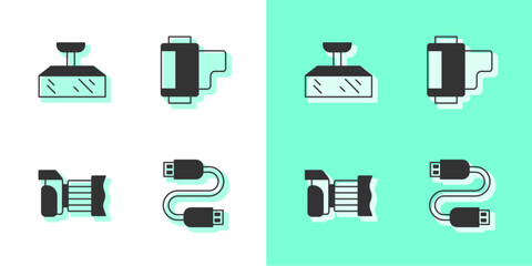 Set USB cable cord, Softbox light, Photo camera and Camera roll cartridge icon. Vector